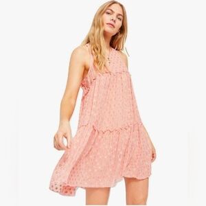 Free People Rose Pink Sophie Mini Sheer Metallic Gold Dot Swing Tunic Dress S